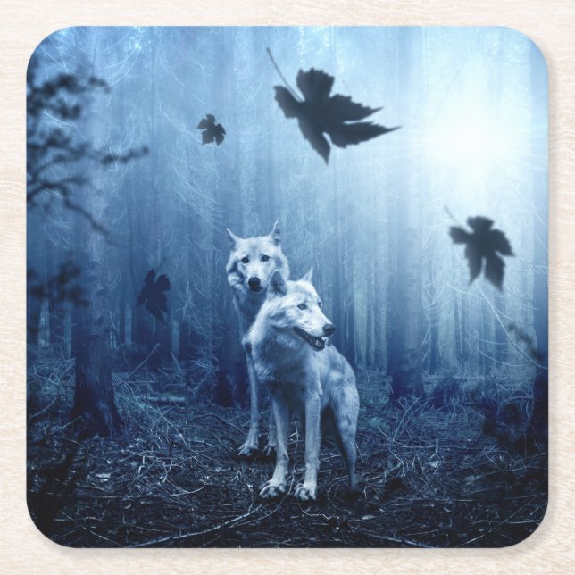 Wolves in the Forest at Dawn Square Paper Coaster (Front)