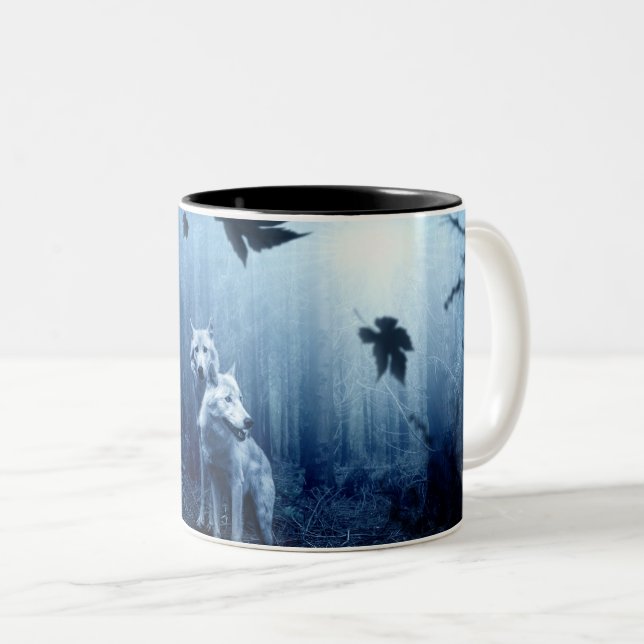 Wolves in the Forest at Dawn Two-Tone Coffee Mug (Front Right)