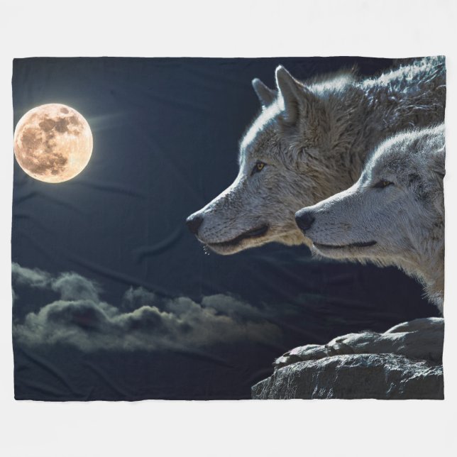 Wolves In The Moonlight Fleece Blanket, Large Blanket (Front (Horizontal))