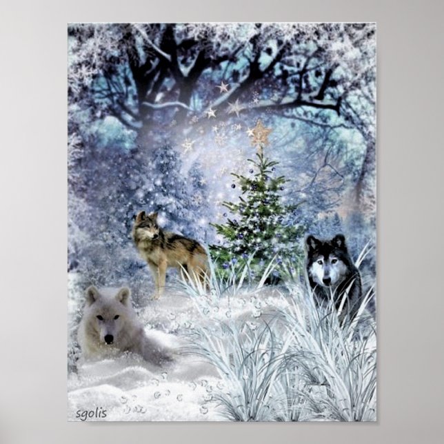 Wolves in Winter Christmas in The Woods Poster (Front)