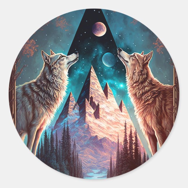 Wolves Mountain Visionary Fantasy Art Classic Round Sticker (Front)