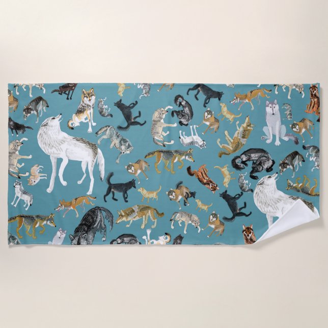 Wolves of the World Turquoise pattern Beach Towel (Front)