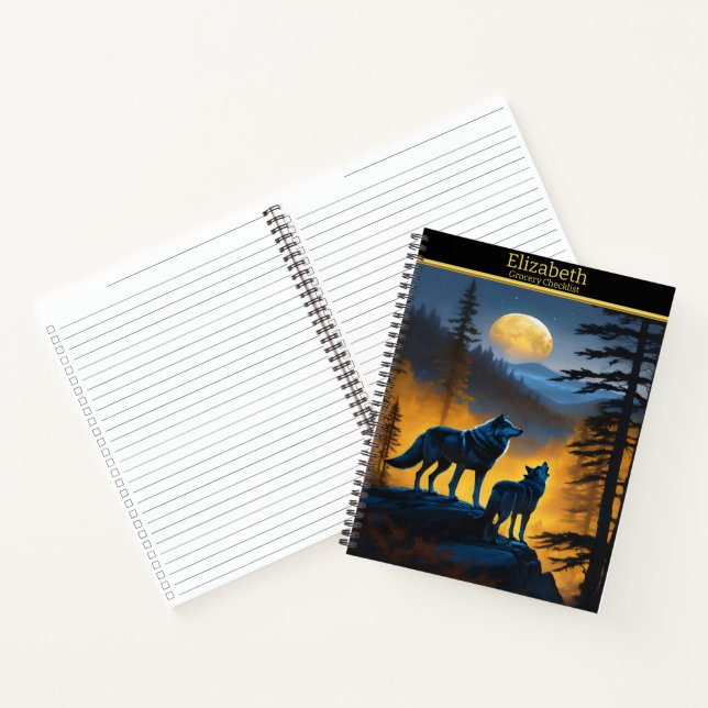 Wolves serenade the moonlight in a tranquil forest notebook (Inside)