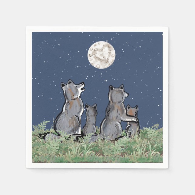 Wolves Wolf Howling at Moon, Night Stars Animal Napkin (Front)