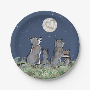 Wolves Wolf Howling at Moon, Night Stars Animal Paper Plate