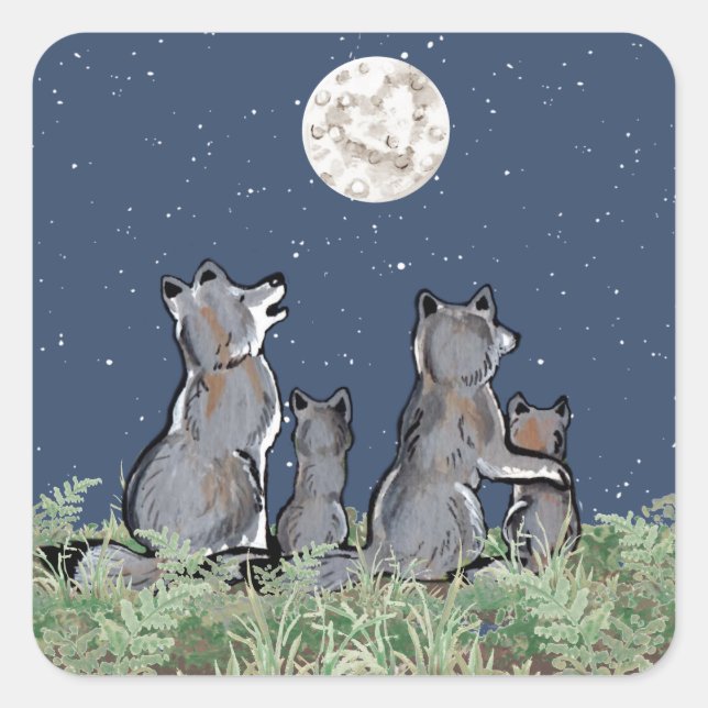 Wolves Wolf Howling at Moon, Night Stars Animal Square Sticker (Front)