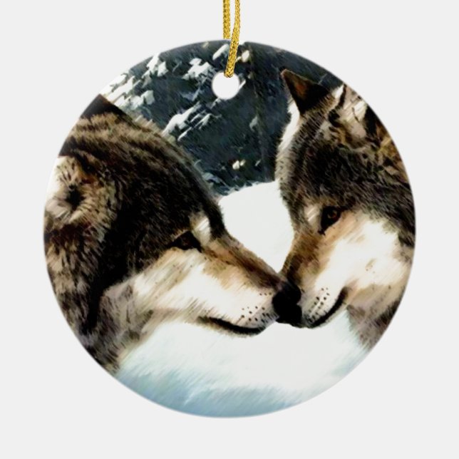 Wolves Wolf  Snow Winter Snow Couple Love Ceramic Ornament (Front)