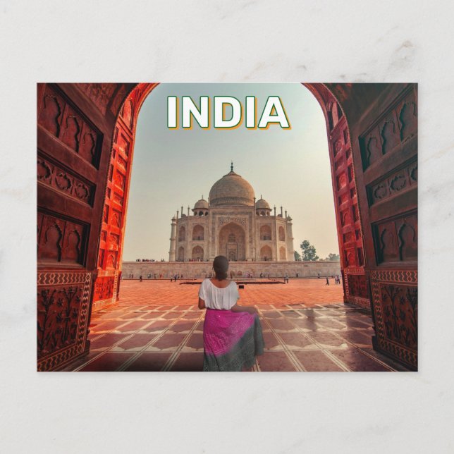 Woman Admiring The Taj Mahal In India Postcard (Front)