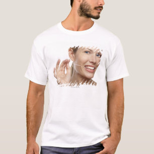 Woman against white background flossing teeth, T-Shirt