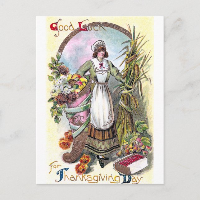 Woman and Autumn Bounty Vintage Thanksgiving Holiday Postcard (Front)