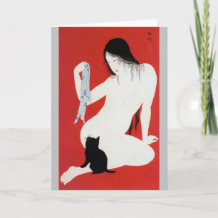 Woman and Black Kitten, Takahashi Shotei Card