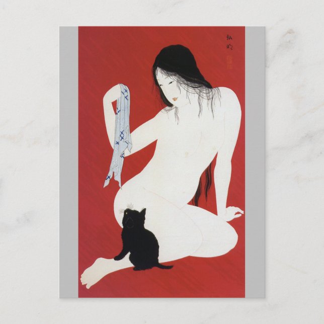 Woman and Black Kitten, Takahashi Shotei Postcard (Front)