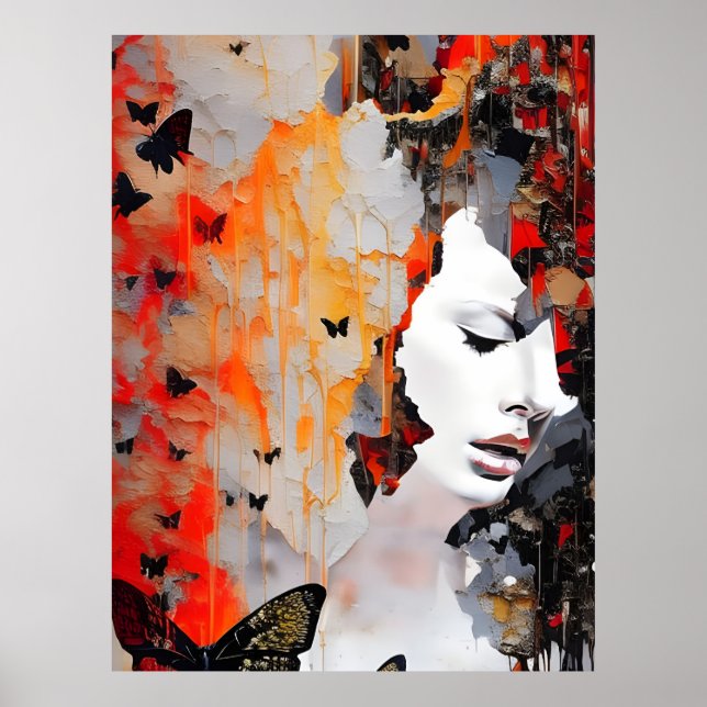 Woman and Butterflies Grunge Painting Poster (Front)