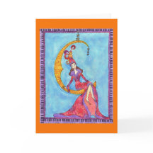 Woman and Cat in Crescent Moon Greeting Card
