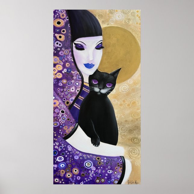 Woman and Cat Purple Whimsical Art Poster (Front)