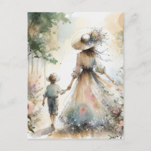 Woman and Child in Flower Garden Mother's Day Postcard