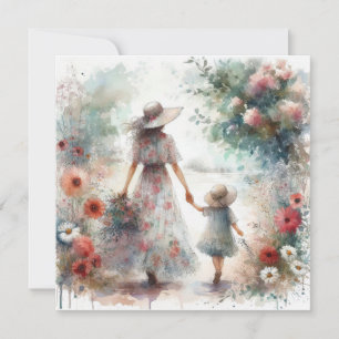 Woman and Child in Garden of Flowers Mother's Day Card