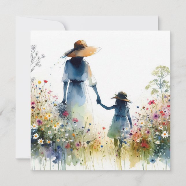 Woman and Child with Flowers Floral Mother's Day Card (Front)