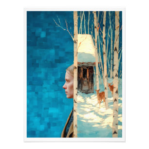 Woman and deer in snowy birch forest by cabin photo print