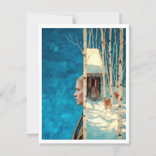 Woman and deer in snowy birch forest by cabin postcard