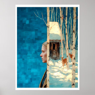 Woman and deer in snowy birch forest by cabin poster