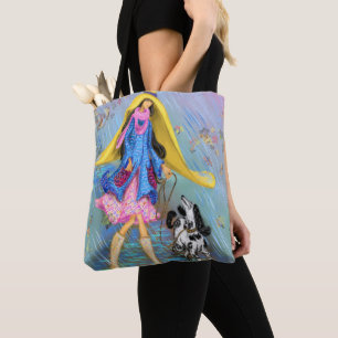 Woman and Dog in the Rain Tote Bag - Painting