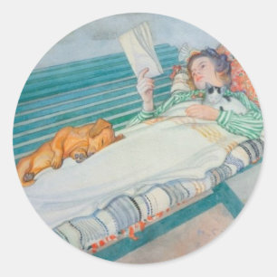 Woman and Dog on a Bench Classic Round Sticker