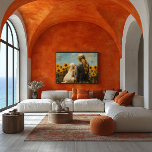Woman and Dog with Sunflowers - Oil Style Painting Poster