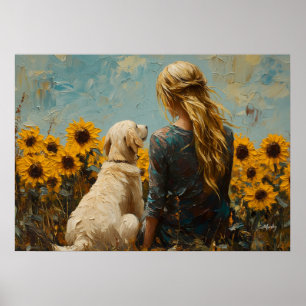 Woman and Dog with Sunflowers - Oil Style Painting Poster