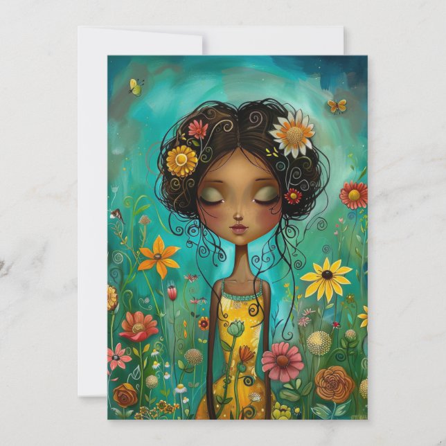 Woman and Flowers Illustration Style Hello Flat Card (Front)