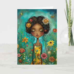 Woman and Flowers Illustration Style Hello Greetin Card