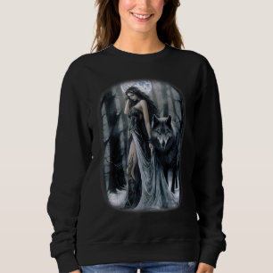 Woman and Grey Wolf in Forest Moon Fantasy Art Pai Sweatshirt