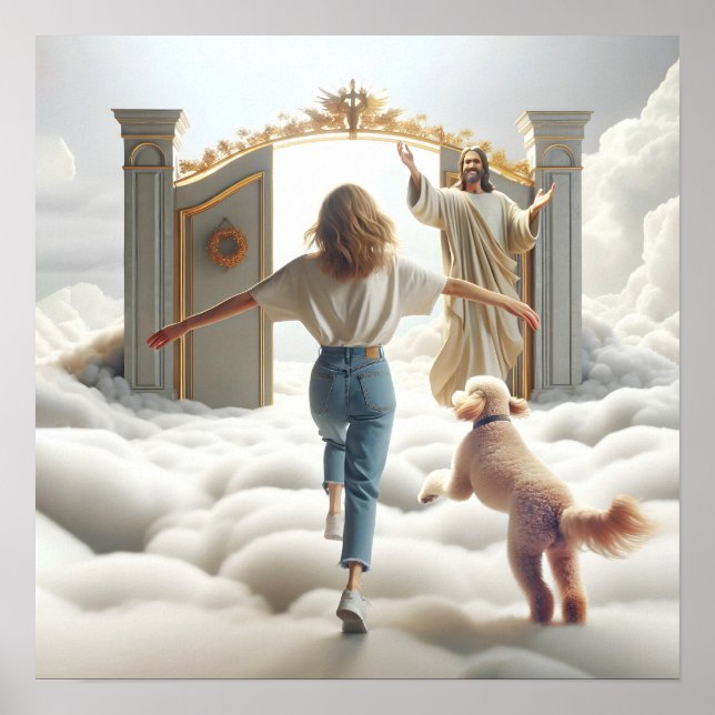 Woman and Labradoodle Entering Heaven's Gate Poster (Front)