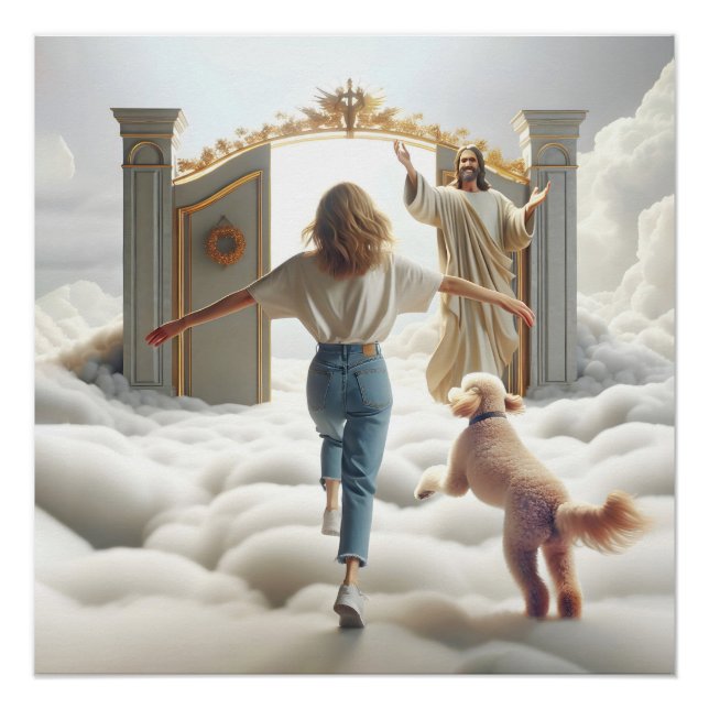 Woman and Labradoodle Entering Heaven's Gate Poster (Front)