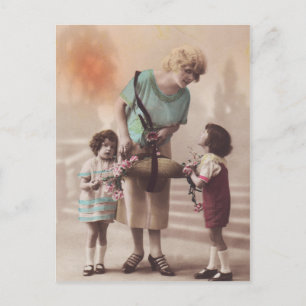 Woman and Little Girls 1920s Art Deco Vintage Postcard