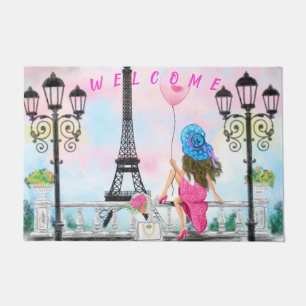 Woman and Pink Balloon - I Love Paris - Welcome Doormat