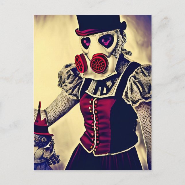 Woman and Puppet in Gas Mask Postcard (Front)