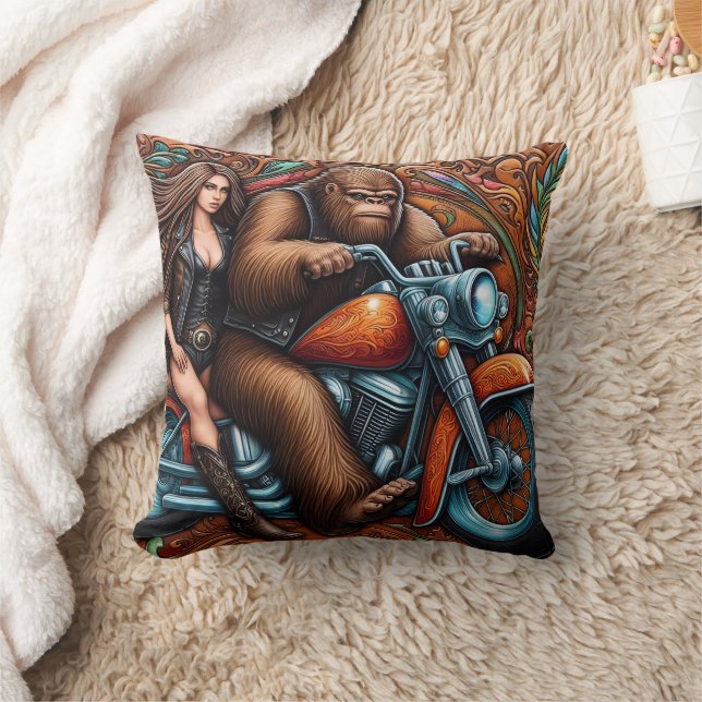 Woman and Sasquatch on Motorcycle Cushion (Blanket)