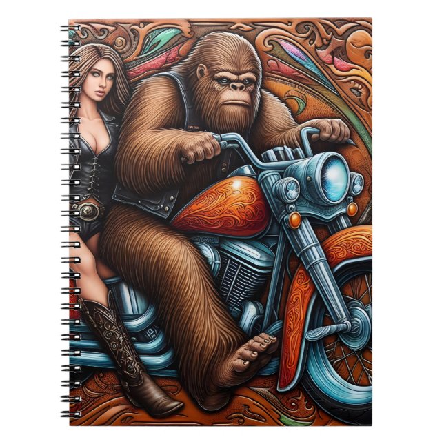 Woman and Sasquatch on Motorcycle Notebook (Front)