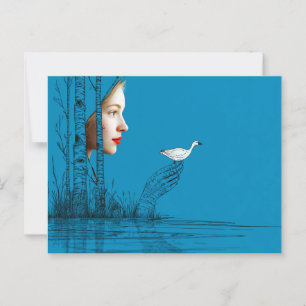 Woman and snow goose, minimalist line art postcard