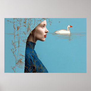 Woman and snow goose, minimalist line art poster
