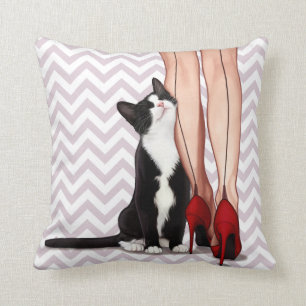 Woman and Tuxedo Cat Cushion