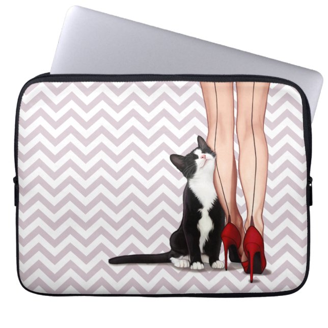 Woman and Tuxedo Cat Laptop Sleeve (Front)