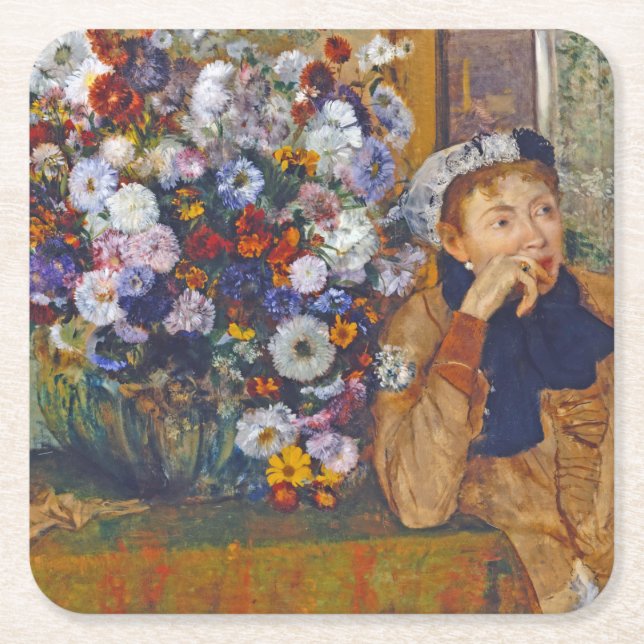 Woman and Vase of Flowers, Edgar Degas Square Paper Coaster (Front)