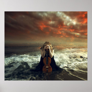 Woman and Violin in the Ocean Poster