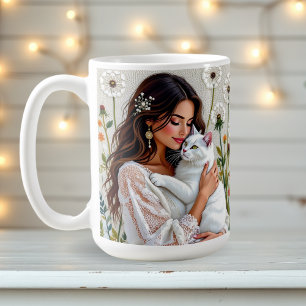 Woman and White Cat and Dandelions Coffee Mug