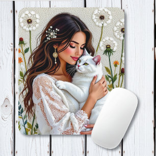 Woman and White Cat and Dandelions  Mouse Pad
