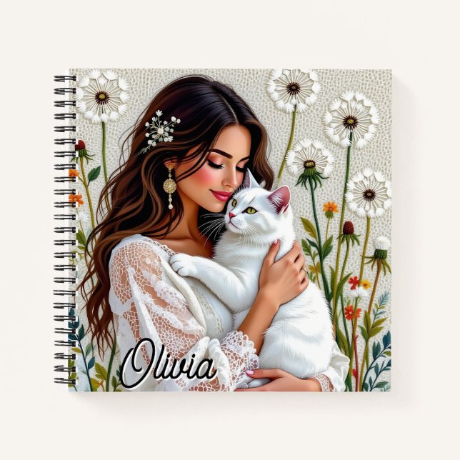 Woman and White Cat and Dandelions  Notebook (Front)