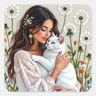 Woman and White Cat and Dandelions Square Sticker