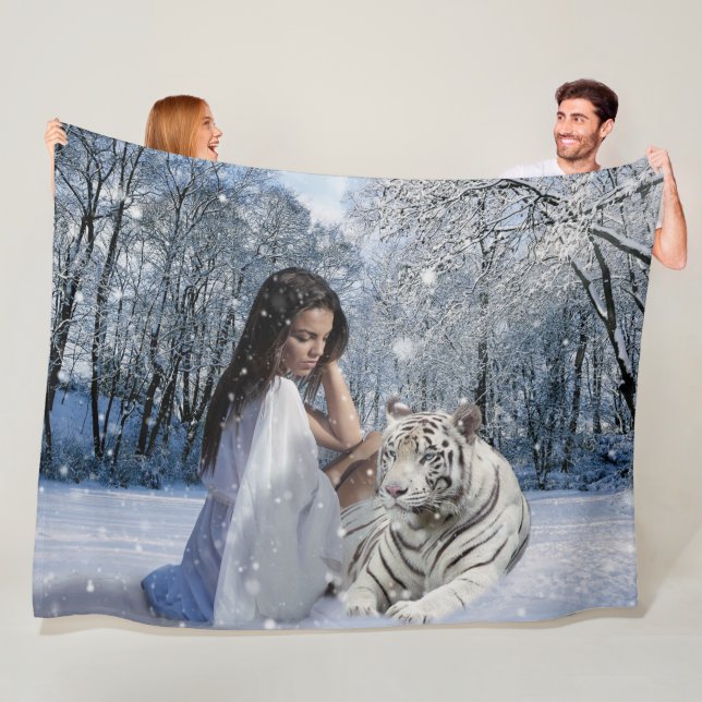 WOMAN and WHITE TIGER Fleece Blanket (In Situ)